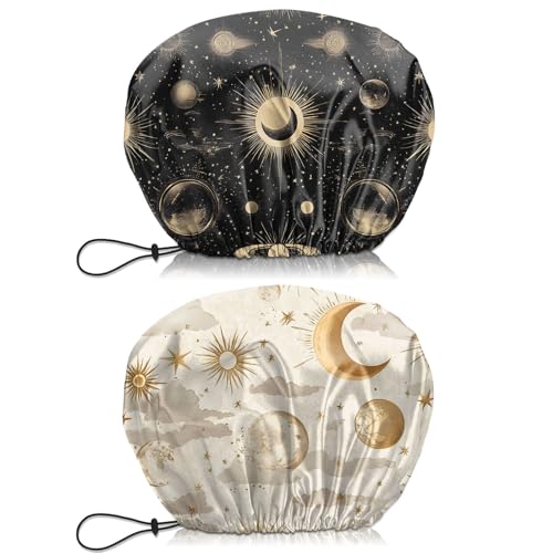 2 PCS Shower Cap Waterproof Double Layer Elastic Adjustable Reusable Hair Bath Caps for Girls Women Cute Aesthetic-Golden Black - color: G7-Golden Black