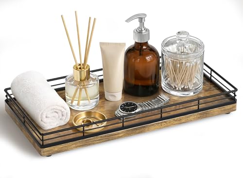 Bathroom Vanity Tray for Countertop, 12" x 6" Wood Toilet Tank Tray | Metal Guardrail, Bathroom Organizer for Soap, Perfume & Skincare, Non-Slip Decorative Tray for Dresser, Black & Rustic Brown - color: Rustic Brown, size: 12" x 6" x 1.5"