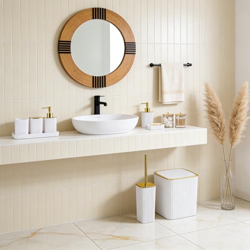 Bathroom Accessory Set White and Gold -9PCS Bathroom Decor with Toilet Brush, Trash Can, Soap Dispenser, Q-Tip Holder | Modern Home Bath Essentials - color: White&gold, size: 9-Piece Bath Set