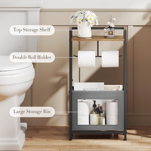 Toilet Paper Holder Free Standing with Storage Basket, Bathroom Tissue Holder Stand with Top Wood Shelf for Phones, Wet Wipes, Small Plants, Metal Toilet Paper Rack for Bathroom Organizer, Black