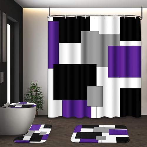 Purple Geometric Shower Curtain Set with Toilet Lid Cover and Non-Slip Rugs for Bathroom, Grey Black White Checkered 4 Pcs Shower Curtain, Abstract Modern Bathroom Set with 12 Hooks - color: Abstract Geometric Purple