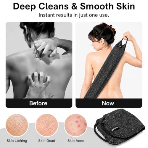 Yiclick Exfoliating Washcloth Towel with Handle, Back Scrubber for Shower, Exfoliating Body Scrubber Exfoliator, Japanese Wash Cloth for Body Scrub, Bath Sponge Loofah Luffa Washer Exfoliator - color: Charcoal