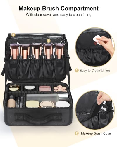 Relavel Makeup Bag Large Cosmetic Bag Travel Train Case Toiletry Bag for Women with Adjustable Dividers, Travel Essentials Organizer Case Storage Box for Skincare, Brushes, Black - color: Black S/M, size: Small