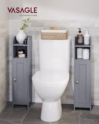 VASAGLE Small Storage Corner Floor Cabinet with Door, 7.9 x 7.1 x 31.5 Inches, Narrow Toilet Paper Storage Holder, Adjustable Shelves, for Bathroom, Living Room, Small Spaces, Dove Gray UBBC310P36 - color: Dove Gray, style: 1door+1open compartment (31.5"H