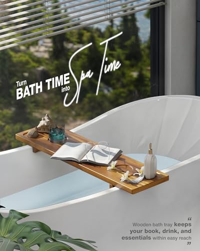 Bathtub Tray, Acacia Bath Tray for Tub, 34.6''x9'' Wooden Bathtub Caddy Tray with Adjustable Legs Fit Various Bathtubs, Anti-Tipping, Sustainable Bath Table with Wine Glass and Tablet Holder - color: Acacia