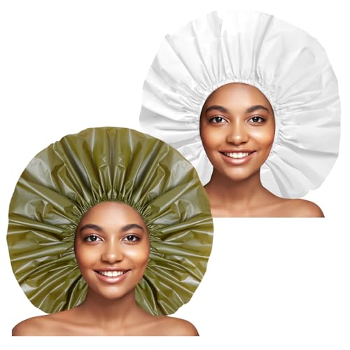 Extra Large Shower Cap 2 PCS Waterproof Shower Caps for Women, Super Jumbo Shower Cap, Reusable Super Large Bath Caps Hair Cap for Long Thick Curly Hair, Locs, Twist Braids - Green + White - color: Green + White