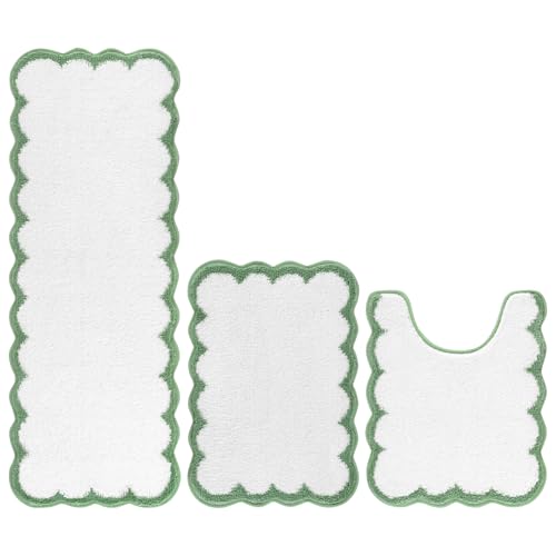 Pauwer Bathroom Rug Sets 3 Piece, Scalloped Bath Rugs, White and Green | Non Slip Washable Bath Mat With U-Shaped Toilet Rug, Extra Absorbent Quick Dry, For Floor Sink - color: White and Green