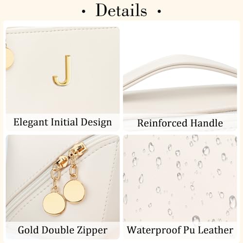 Birthday Gifts for Women Teen Girl, Personalized Initial Makeup Organizer Bag Set, Open Flat Travel Cosmetic Bag With Clear Divider and Handle(Beige,J) - color: Beige, style: J