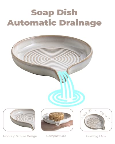 Soap Dish with Drain, Ceramic Soap Holder Self Draining Bar Soap Saver with Waterfall Design for Shower Bathroom Kitchen Sink Bathtub, Beige White - color: Beige White, size: Round