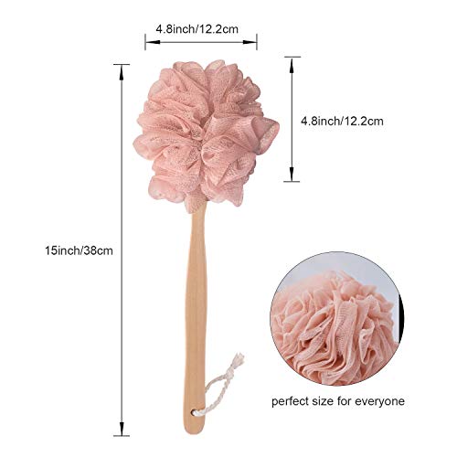 Pink Loofah with Handle - Cute Back Scrubber & Exfoliating Shower Sponge, Soft Mesh Luffa on Wooden Stick, Bath Brush for Women and Girls - color: Pink