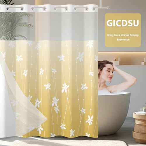 No Hook Shower Curtain with Snap-in Liner, Yellow Ombre Bathroom Shower Curtains with Liner Set, Waterproof & Washable, Mesh Top Window, 59" W x 79" L - color: 02 Ombre - Yellow, size: 59"W x 79"L (Pack of 1)