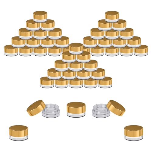 Houseables Sample Containers, Sample Jars, Lip Balm Containers, Mini Jars with Lids, Small, Empty, Makeup, Powder, Gloss, Cosmetic, Tiny, Dab, Wax, Scrub, Little, Travel, Plastic, Gold, 3 Gram, 50 PK - color: Gold, size: 50 Pack