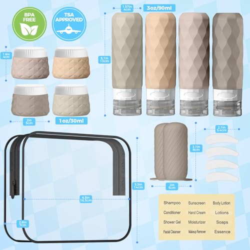 16Pack Travel Bottles for Toiletries, TSA Approved Travel Size Toiletries Containers Set, Silicone Leak Proof Refillable Bottles Elastic Sleeves Creams Jars Accessories Kit W/Clear Bag (Cream) - color: Cream