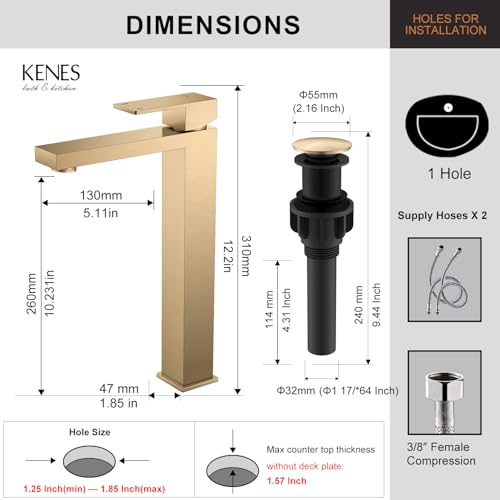 KENES Champagne Bronze Vessel Sink Faucet, Single Handle Tall Bathroom Faucet Single Hole, Bathroom Vanity Faucet with Pop Up Drain and Supply Lines, LJ-9031A-CB - color: Champagne Bronze, size: Tall
