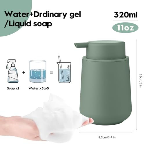 YAUKPH Sage Green Foaming Hand Soap Dispenser Plastic 11 oz - Modern Minimalist Style for Bathroom & Kitchen Countertop Refillable