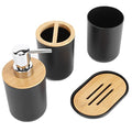 Set of 4 Complete Bathroom Accessories, Bathroom Set with Toothbrush Holder, Dish, Lotion Dispenser and Cup, in Plastic + Bamboo(Black) - color: Black