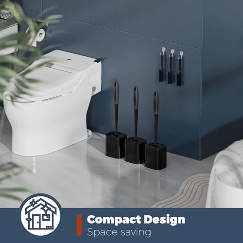 Toilet Brush, 3 Pack Toilet Brush and Holder Set Bathroom Accessories, Toilet Bowl Brush and Holder with 3 Crevice Brush for Bathroom, Toilet Scrubber Brush (Black) - color: Black