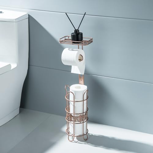 Toilet Paper Holder Free Standing, Adjustable Height, Tissue Paper Roll Dispenser with Shelf for Bathroom Storage Holds Reserve Mega Rolls Red Copper - color: Red Copper