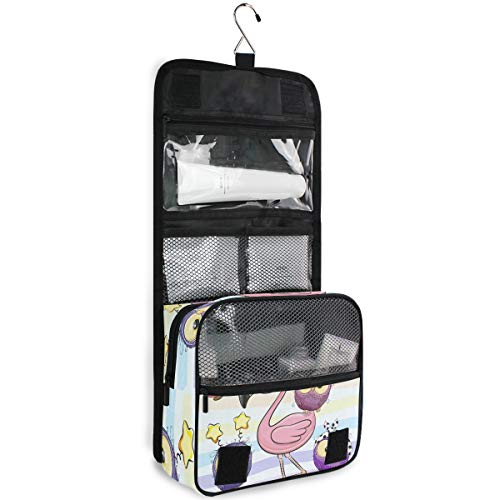 senya Hanging Travel Toiletry Bag Kit Makeup Case Cosmetics Organizer for Men Women - color: Cartoon Pink Flamingo And Five Owls