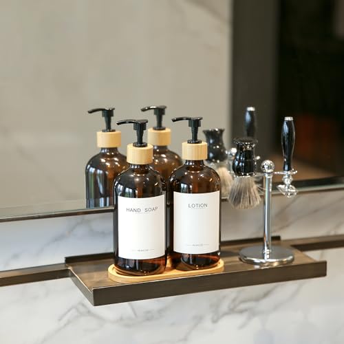 Amber Glass Soap Dispenser with Bamboo Pumps&Tray&Labels, Hand Dispenser, Lotion Dispenser, Dish Soap Dispenser for Kitchen Sink. (Amber) - color: Amber