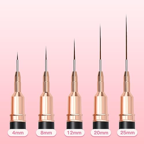 Komall Metallic Nail Art Brushes, 5Pcs Liner Brushes for Nails, Black | For Long Lines, Thin Details, Fine Drawing, Liner Brush UV Gel Polish Painting Nail Design Pen Sizes 4/8/12/20/25mm - color: Black