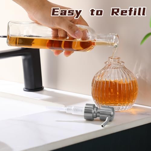 Round Bathroom Soap Dispenser Brushed Nickel Pump, Glass Bottle with Stainless Steel Pump Liquid Soap Dispenser Sphere Countertop Hand Kitchen - color: Brushed Nickel, size: 11oz-Round