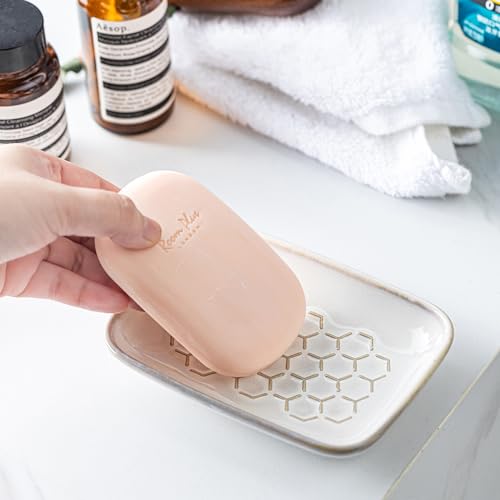 Gomakren Soap Dish for Shower, Ceramic Bar Soap Holder with Honeycomb Design, Soap Saver Tray for Bathroom Kitchen Sink, Sponge & Organizer Tray, Upscale Look, 5.5 Inch, Beige - color: Beige, size: Honeycomb