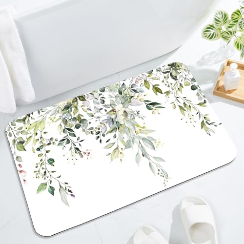 Gibelle Eucalyptus Leaves Bath Mat Rug Set 2 Piece, Super Absorbent Quick Dry Bathroom Rug Set, Non Slip Rubber Backed Bathroom Floor Mat for Tub Shower Sink (17"x24"+17"x24", Sage Green) - color: A001, size: 17" x 24" (2pcs)