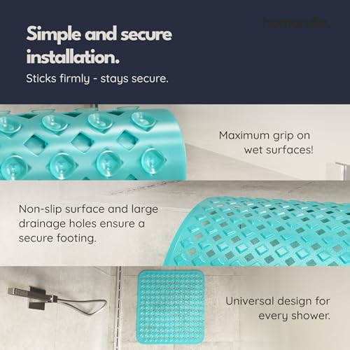 homerella® Shower Mat Non Slip Anti Mold, Non Slip Shower Mats for Inside Shower Stall Anti Slip Mat, Square Shower Floor Mat 21 x 21 in with Suction Cups & Hooks for Quick Drying, Machine Washable - color: Clear Turquoise