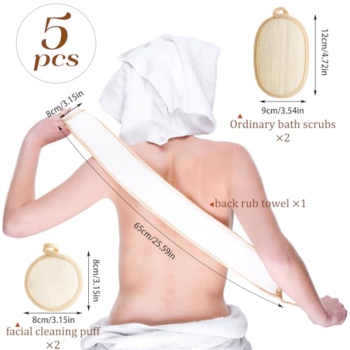 LemonRoad 5 Pcs Natural Loofah for Shower Bath Loofah Gift Set for Man Women Include 1 Sponge Back Scrubber 2 Exfoliating Body Scrubbers and 2 Mini Facial Sponges to Clean or Relax Face and Body