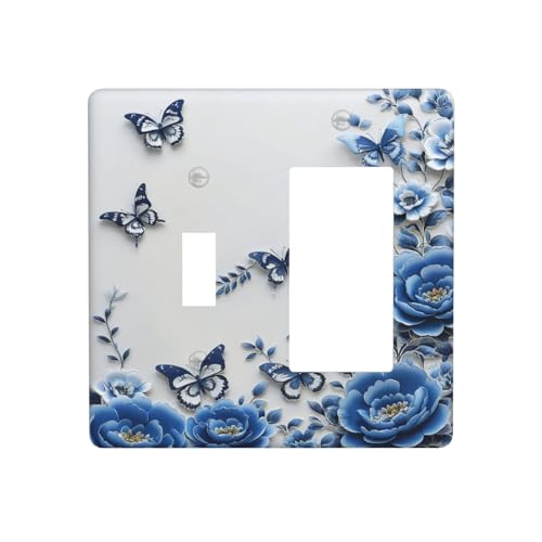 Light Switch Cover Plate Blue Peony Flowers Butterfly Vintage Floral 2 Gang Combo Wall Plates Toggle Rocker Decorative Switch Plates and Outlet Covers for Bathroom Bedroom Decor - color: Blue Peony Flowers Butterfly Vintage Floral, size: 1 Toggle 1 Rocker