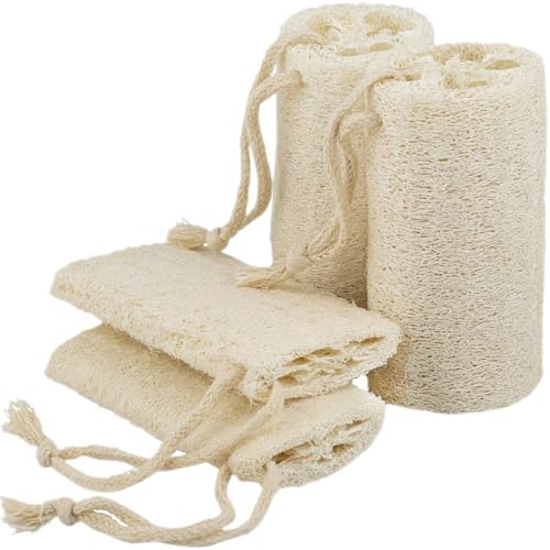 pisdoplop Natural Loofah Exfoliating Body Sponge Scrubber, 5 inch-Long Organic Loofa Luffa Plant-Based for Men & Women Skin Care Bath Shower Cleaning, Natural Sponges for Dishes - style: 5 Inch (Pack of 4)