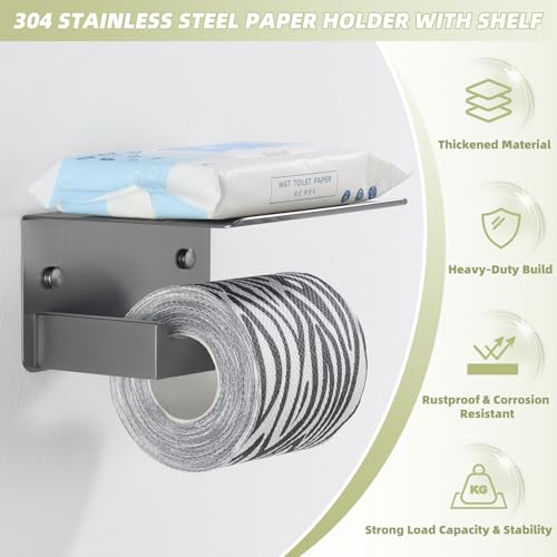 APLusee Toilet Paper Holder with Phone Shelf Gunmetal Gray, 304 Stainless Steel Rustproof Wall Mounted Heavy-Duty, Space-Saving for Modern Bathrooms - color: Gun Gray, size: Single Rod