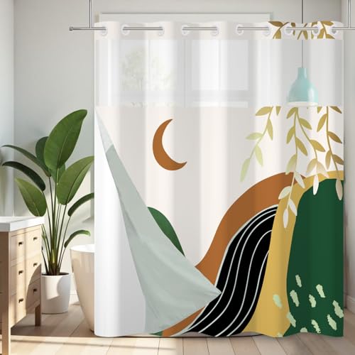 No Hook Shower Curtain Mid Century Boho with Snap in Liner, Hotel Grade Abstract Modern Shower Curtains Set for Bathroom, Spa Like Bath Curtain, Yellow, 71" W x 86" L - color: 01 Mid Century - Yellow, size: 71"W x 86"L (Pack of 1)