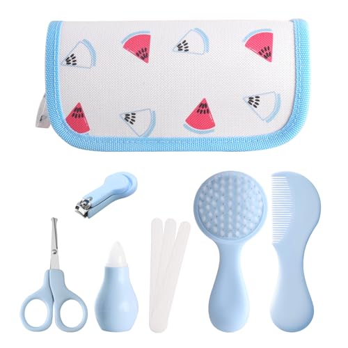 Baby Grooming Kit 6 - Piece Set in Storage Bag(Blue) - Soft Brush, Comb, Nail Clippers, Nasal Aspirator, Safety Scissors & File for Newborn/Toddler Care - color: Blue