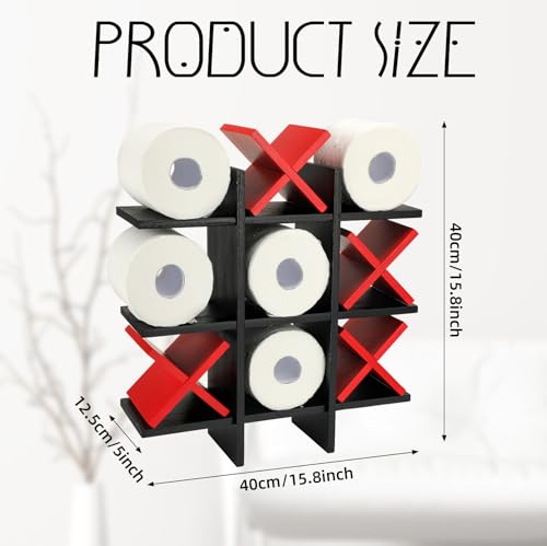 Weysat Tic Tac Toe Toilet Paper Holder Stand Bathroom Wall Decor Rustic Wooden Hanging Storage Freestanding Wall Mounted Shelves Decor for Toilet Tissue Farmhouse - color: Black, Red