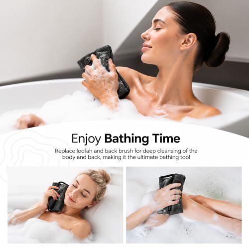 Yiclick Exfoliating Washcloth Towel with Handle, Back Scrubber for Shower, Exfoliating Body Scrubber Exfoliator, Japanese Wash Cloth for Body Scrub, Bath Sponge Loofah Luffa Washer Exfoliator - color: Charcoal