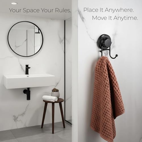 HASKO Suction Cup Hook for Shower, Stainless Steel Bathroom Suction Towel Hooks Hanger, Organizer for Towel, Bathrobe and Loofah, Includes Optional No Drill Adhesive Mount for Inside Shower, Black - color: Black (1 Pack)