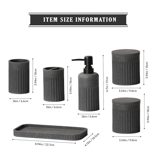 INIUNIK Bathroom Accessory Set - 6 Pieces Bathroom Accessories Set Complete with Soap Dispenser, Toothbrush Holders, Tumbler, Vanity Tray and 2 Qtip Holder for Home Organizer and Decor, Dark Grey - color: Dark Grey