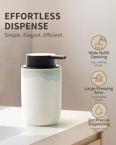 BosilunLife Hand Soap Dispenser - Foam Soap Dispenser Bathroom Ceramic Dish Liquid Soap Dispenser for Kitchen, Bathroom Countertop Soap Dispensers (White with Blue-Green Rim Liquid Pump) - color: White With Blue-green Rim Liquid Pump