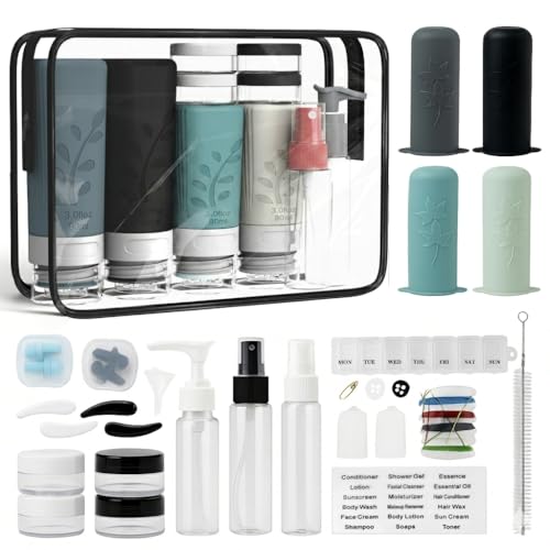 unigo 30 PACK Travel Bottles Set for Toiletries - Leakproof Refillable Travel Size Containers, TSA Approved Bottles with Labels, Brush & Covers for Carry-On Travel