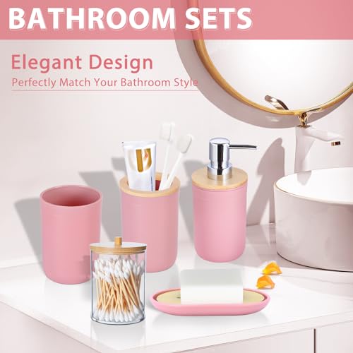 iMucci Bathroom Accessories Set 5Piece Pink Bathroom Sets, Toothbrush Holder, Toothbrush Cup, Lotion Soap Dispenser, Soap Dish and Qtip Holder Bathroom Decor - style: Pink