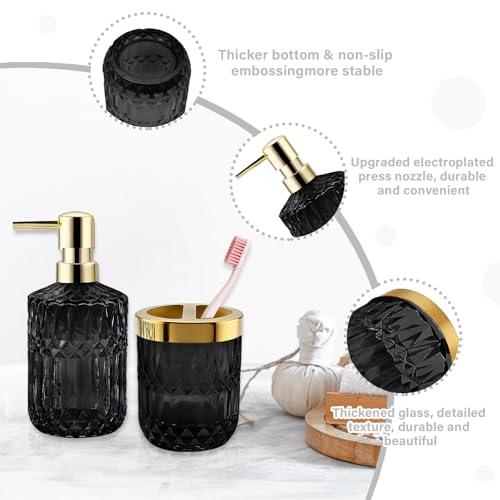 2Pcs Black Bathroom Accessories Set, Glass Bathroom Accessories, Vintage Bathroom Countertop Decoration Includes Soap Dispenser, Toothbrush Holder - color: Black, size: 2 Pcs