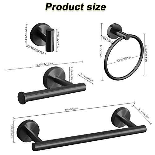 Cilee 10 Piece Matte Black Bathroom Accessories Set, 24inch Black Towel Bar Ring+Toilet Paper Holder+ Robe Towel Hook SUS304 Stainless Steel Bathroon Hardware Set - color: Black, size: 24inch