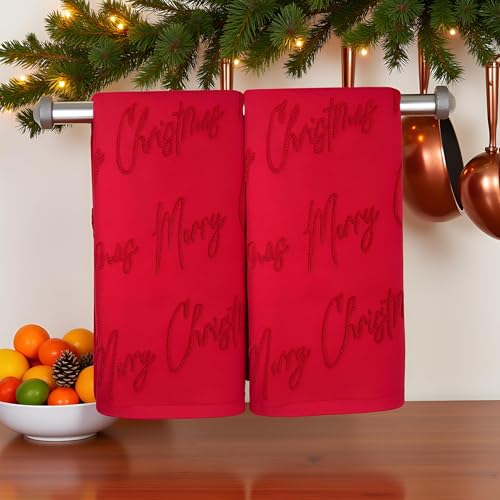 2 Pack Merry Christmas Hand Towels 100% Cotton Jacquard Holiday Kitchen Dish Towels Retro Neutral Red Bathroom Towels Set Gift Seasonal Xmas Winter Bathroom Decor (Red Merry Christmas) - color: Red Merry Christmas