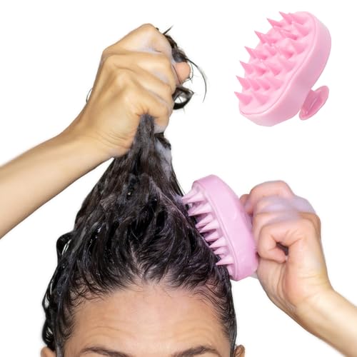 Vintage Cosmetic Company Shampoo Brush Silicone Scalp Massager Pink | Silicone Scalp Massager for Gentle Exfoliation and Even Shampoo Distribution. Stimulates Scalp. Vintage Pink Design.