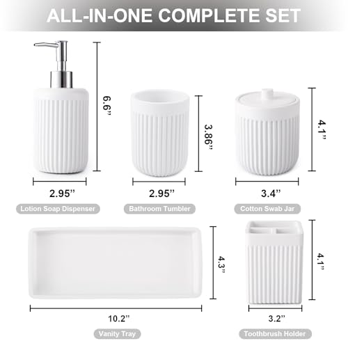 XLHOMO Resin White Bathroom Accessories Set 5 Pcs, Lotion Soap Dispenser, Toothbrush Holder, Bathroom Tumbler, Qtip Holder and Vanity Tray, Bathroom Countertop Organizer Set for Modern Home Apartment - color: White, size: Resin Bath Set