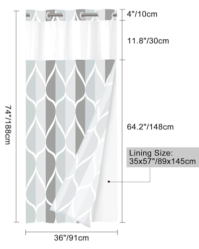 Yiatn No Hook Grey Small Stall Shower Curtain with Snap in Fabric Liner Set - Hotel Style with See Through Mesh Top Window, Modern Geometric Waterdrop Design,Waterproof and Washable, 36x74 INCH - color: A. Grey, size: 36"W x 74"L (Pack of 1)