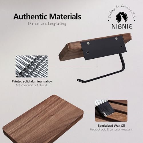 Walnut Wood Toilet Paper Holder with Phone Shelf, Adhesive or Drill Installation Bathroom Washroom Wall Mount Wooden Toilet Tissue Roll Holder with Shelf for Hold Wipes, Cell Phone (Flat) - color: Flat Surface
