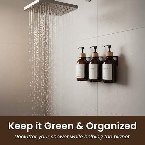 Shampoo and Conditioner Dispenser Wall Mounted Set of 3 Amber Bamboo - No Drill Shower Soap Dispenser for Bathroom Refillable - Spa Hotel Style Accessories by MaisoNovo | 500 ml Shower Gel Dispenser Set of 3. Refillable Shampoo and Conditioner Bottles. Dr